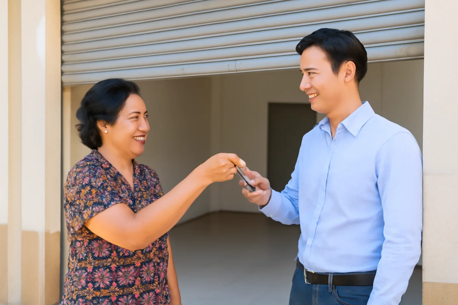 Chủ nhà trung niên và chủ cửa hàng trẻ bắt tay trước mặt tiền nhà phố vừa cho thuê