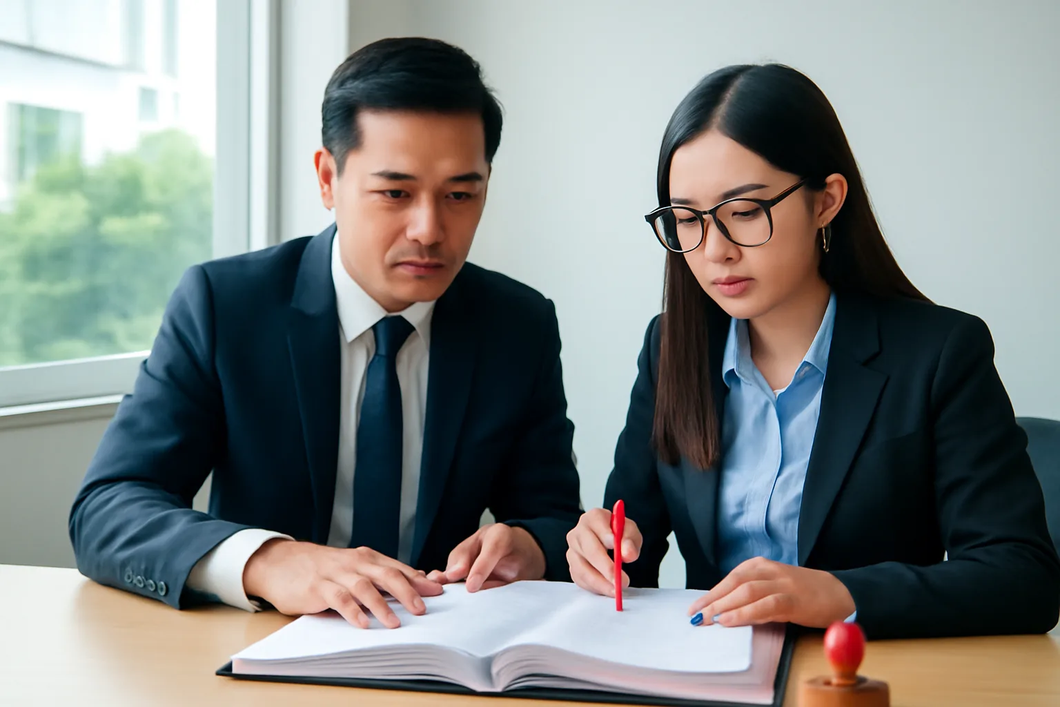 Giám đốc và luật sư nội bộ đọc lại điều khoản hợp đồng bên cửa sổ văn phòng