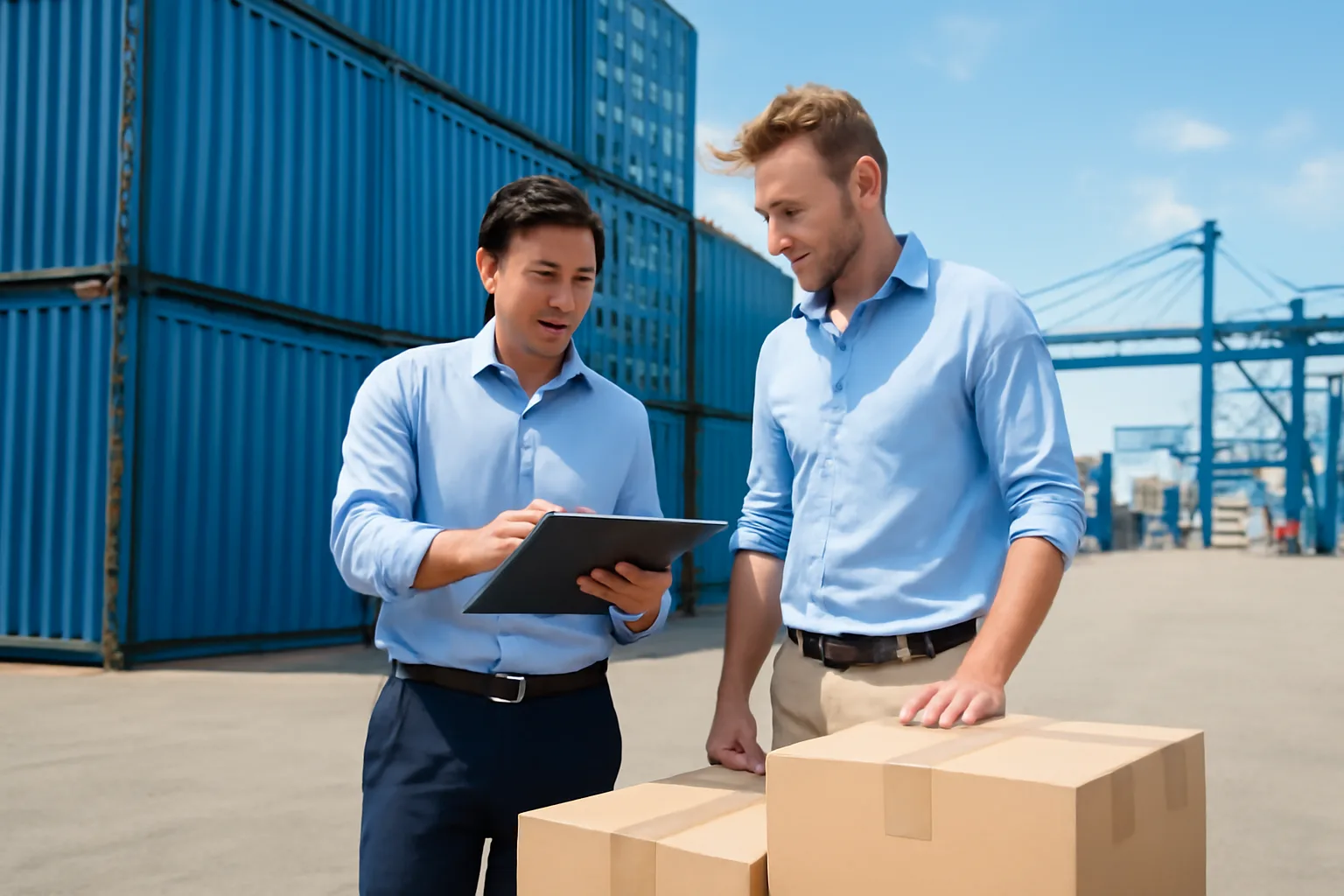 Nhân viên xuất nhập khẩu kiểm tra hàng đóng thùng tại cảng container
