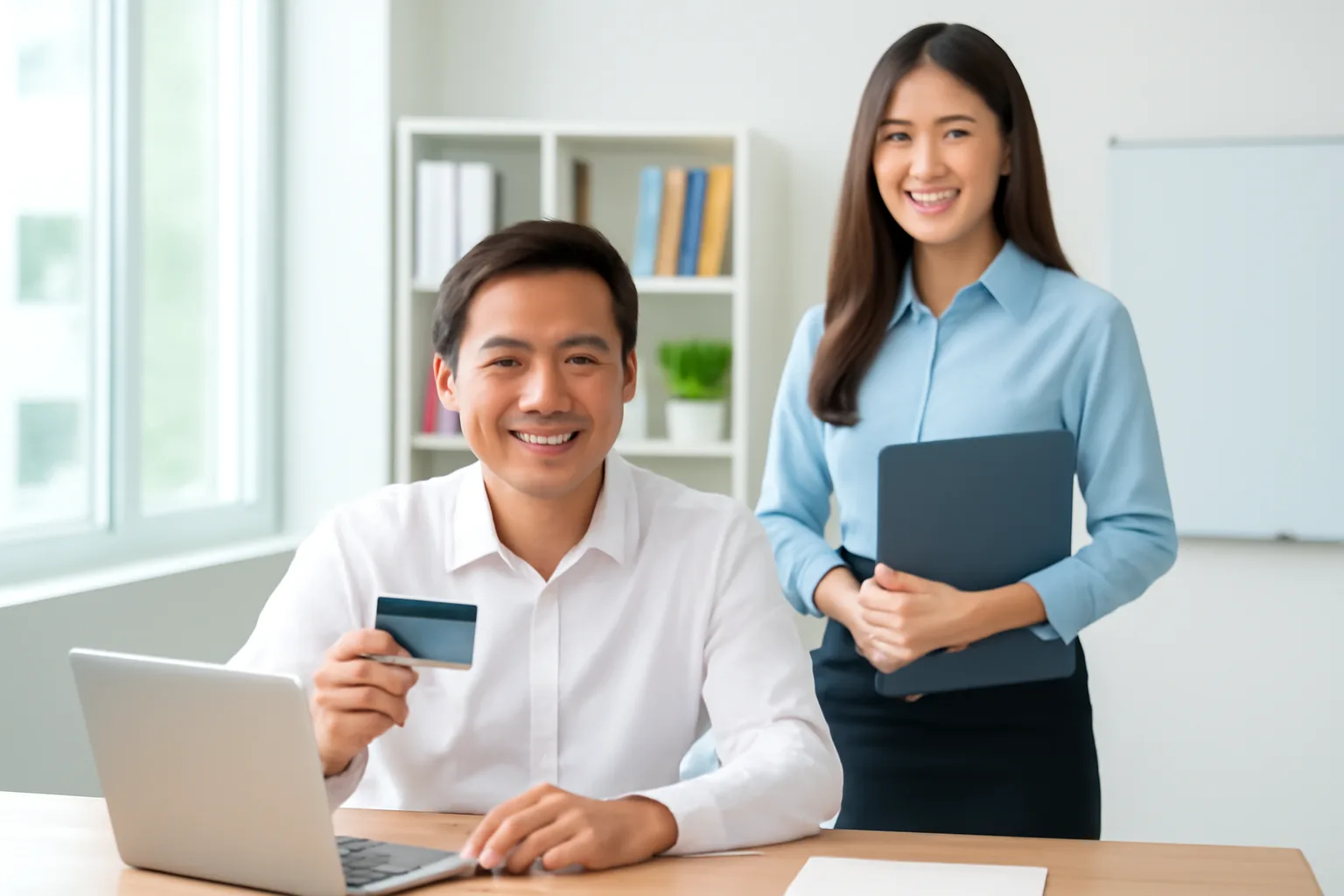 Giám đốc cầm thẻ ngân hàng trước máy tính xách tay trong phòng làm việc sáng sủa