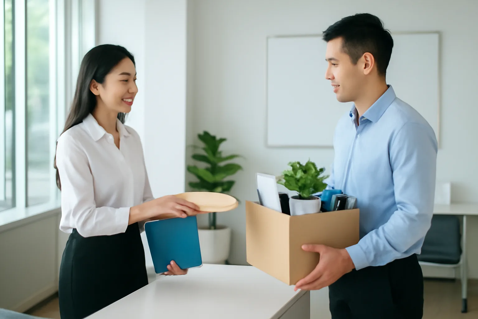 Nhân viên nhân sự bàn giao phong bì hồ sơ cho người lao động nghỉ việc tại quầy lễ tân