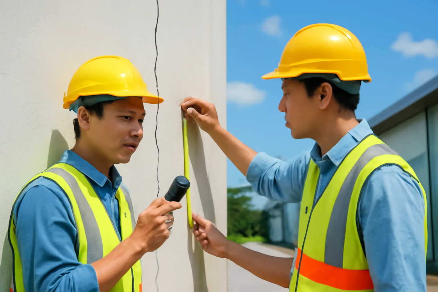 Đội bảo hành công trình kiểm tra vết nứt tường tại nhà xưởng đã bàn giao