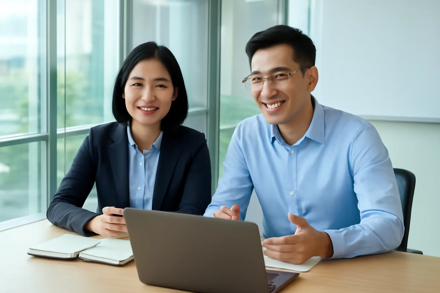 Giám đốc tài chính và kế toán trưởng họp trực tuyến với đối tác nước ngoài trong phòng họp