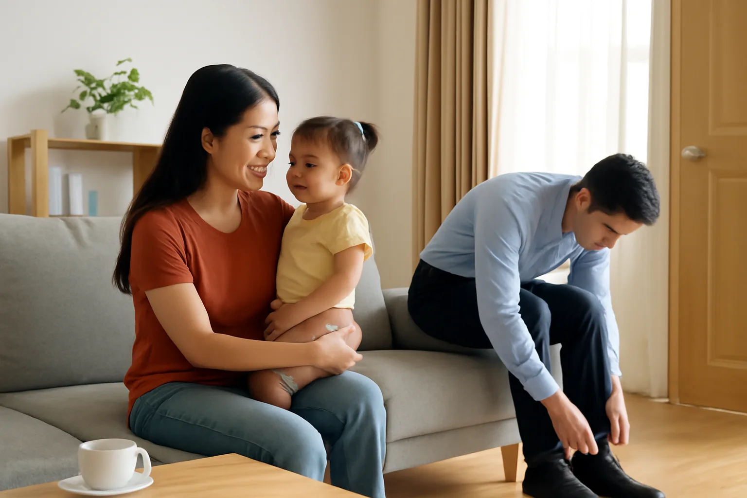 Người mẹ trẻ ở nhà chăm con nhỏ trong phòng khách nhiều ánh sáng