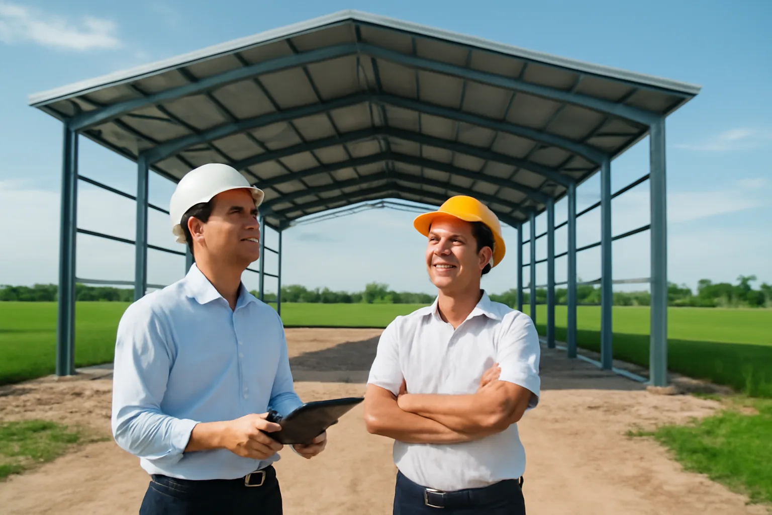 Kỹ sư và chủ doanh nghiệp đứng xem khung thép nhà xưởng mới dựng trên khu đất thuê