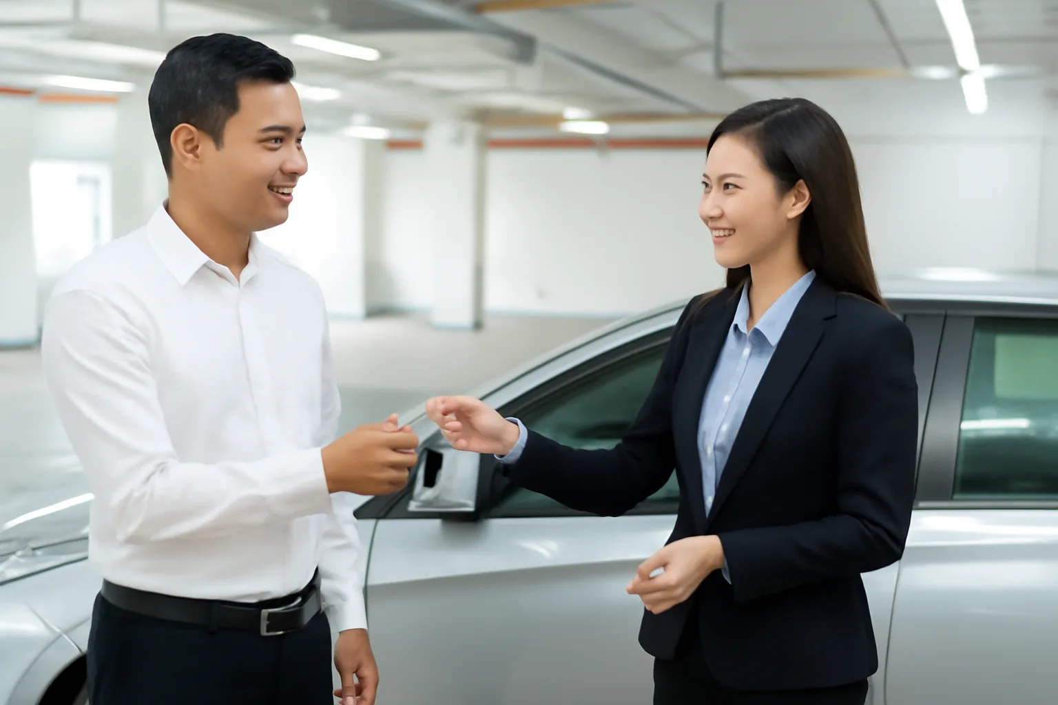 Tài xế trao chìa khoá xe công ty cho quản lý tại tầng hầm để xe của toà văn phòng