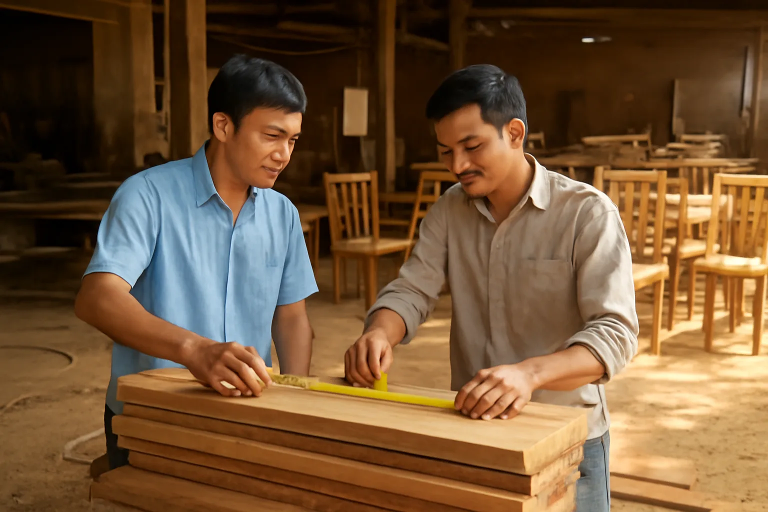 Chủ xưởng đồ gỗ và nhà cung cấp kiểm đếm tấm gỗ nguyên liệu trong xưởng