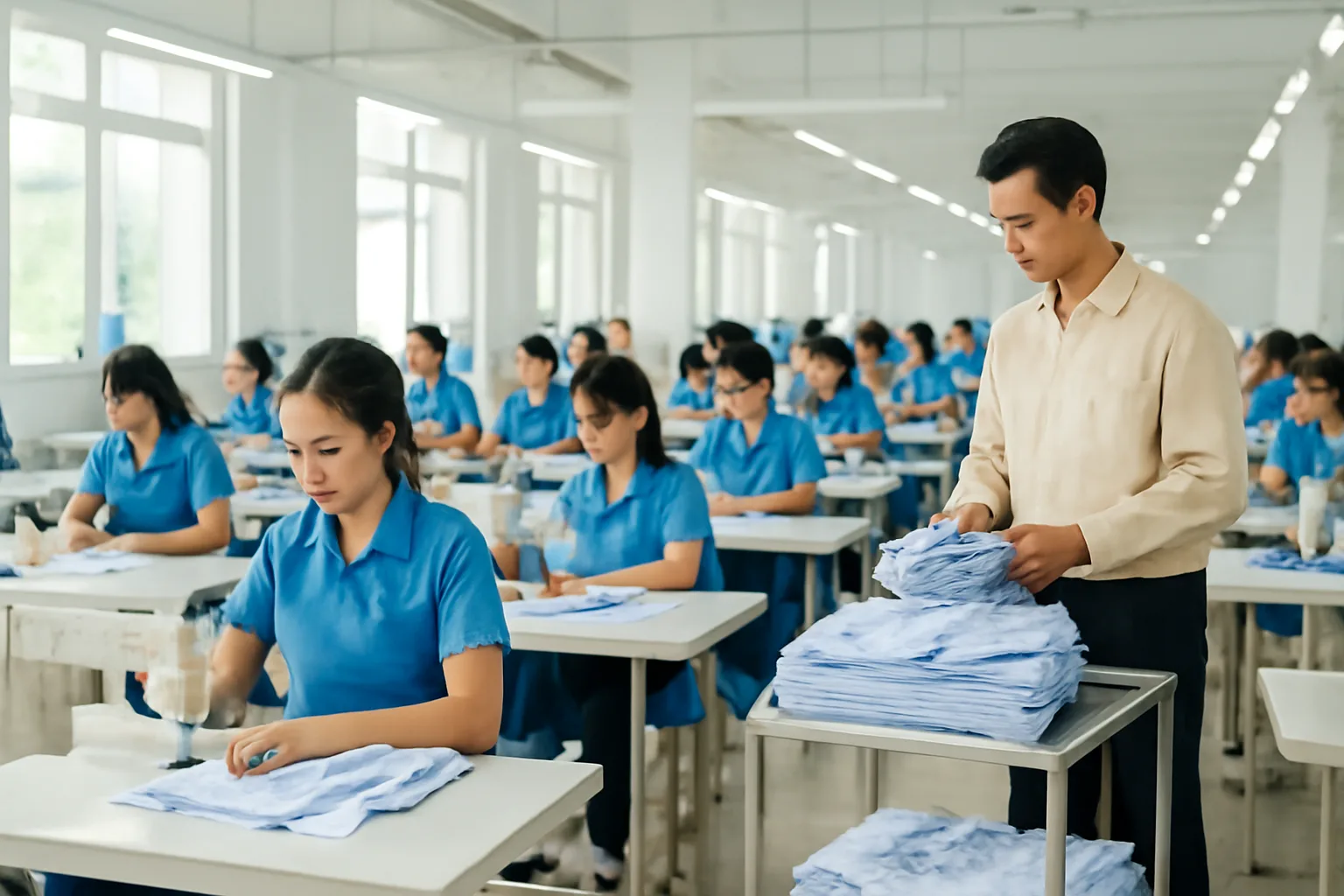 Công nhân xưởng may làm việc bên dãy máy khâu trong xưởng sáng sủa